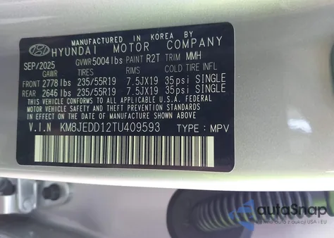 2026 Hyundai Tucson Hybrid Limited z USA, uszkodzony, nr VIN KM8JEDD12TU409593